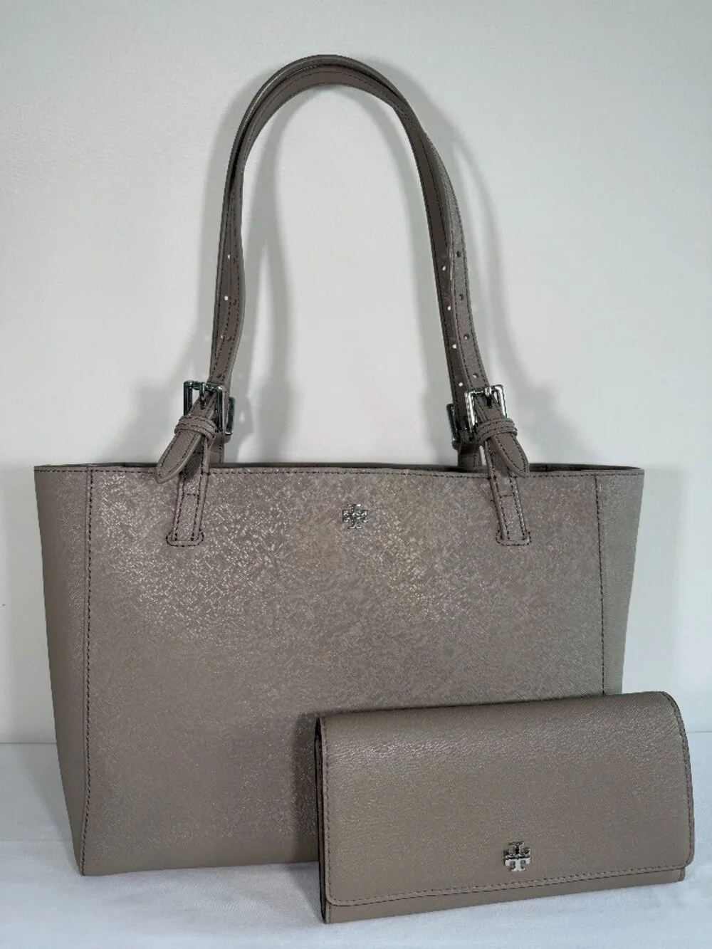 TORY BURCH York Buckle Taupe Leather Tote and Matching Wallet